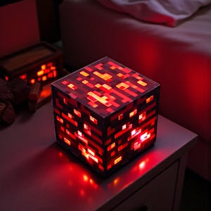 Puede incluir: Una lámpara cúbica roja y negra, que recuerda a un bloque de videojuego, está sobre una mesita de noche. La lámpara se ilumina desde dentro, emitiendo un brillo rojo cálido. El diseño presenta un patrón pixelado.