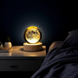 3D Moon Crystal Ball Lamp | Wooden LED Base Night Light | Lunar Bedroom Decor | Meditation Lamp | Galaxy Gift for Her | Aesthetic Light