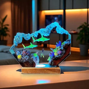 Great White Shark Diver Resin Lamp | SCUBA Ocean Night Light | Epoxy Shark Decor Gift for Him | Handmade Christmas Diving Light | Gift idea