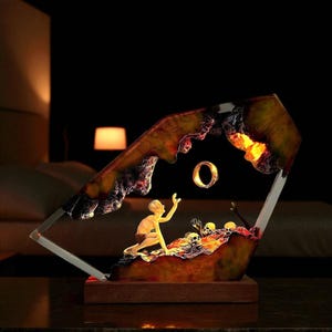 Power Ring Diorama Lamp: Handmade Fantasy Resin Wood Light