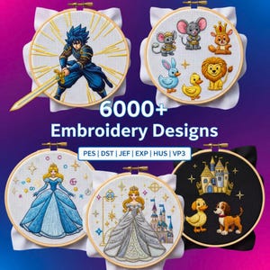Könnte beinhalten: Eine Sammlung von Stickmustern in runden Rahmen. Die Designs zeigen einen Krieger, Zeichentricktiere und Prinzessinnen. Der Text "6000+ Embroidery Designs" und Dateiformatabkürzungen sind ebenfalls vorhanden.