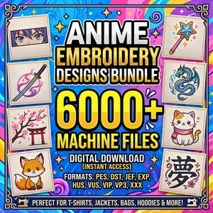 Könnte beinhalten: Ein digitales Paket mit über 6000 Stickdateien für Anime-Motive wie Schwert, Drache, Katze, Fuchs und Kirschblüten. Der Text lautet ANIME EMBROIDERY DESIGNS BUNDLE, 6000+ MACHINE FILES, DIGITAL DOWNLOAD sowie verschiedene Dateiformate.