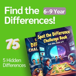 Könnte beinhalten: Helles Bild mit dem Text „Finde die Unterschiede!“ und „6-9 Jahre“. Zwei Cover des „Spot the Difference Challenge Book“ sind zu sehen, mit Illustrationen von Astronauten. Die Zahl „75“ und der Text „5 versteckte Unterschiede“ sind ebenfalls abgebildet.