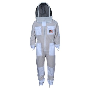 May include: Beekeeping suit in a beige and white checkered pattern, with a protective hooded veil. The suit has white pockets and accents, a front zip, and the "BEE DUDES" logo in red and black.