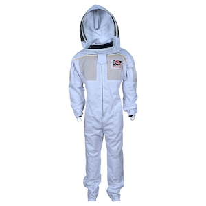 May include: A white beekeeping suit with a hooded veil, designed for protection. The suit features a full-body design with a zipper closure, mesh ventilation, and the "BCS Bee Suit" logo. The suit is made of a durable, protective material.