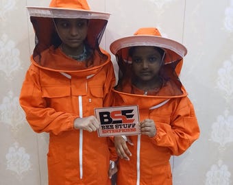 Kids Orange Cotton Beekeeping Suit: Protective Round Veil Bee Suit