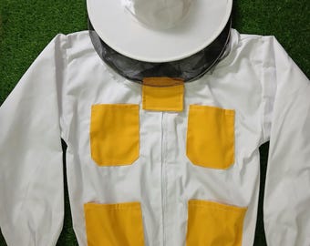 Chaqueta de apicultura: Top de algodón para traje de apicultor con bolsillos amarillos y velo redondo.