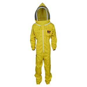 May include: A bright yellow beekeeping suit with a hooded veil. The suit has a full-length zipper, pockets, and the "BEE SMART" logo. The veil is white-framed with a black mesh screen for visibility and protection.