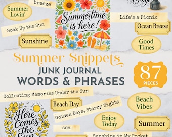 Summer Words Junk Journal Words and Phrases, Summer Snippets Word Strips Labels & Word Art, Junk Journal Ephemera Printable, Digital collage