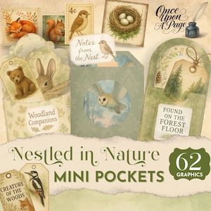 Kit d'éphémères forestiers chargés de pochettes de journal indésirable, étiquettes d'animaux de la forêt, cartes de journal nature vintage, mini mini enveloppe imprimable ensemble JJ023