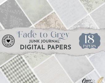 Puede incluir: Una colección de 18 papeles digitales para diarios de recortes titulada Fade to Grey. El conjunto presenta varios patrones que incluyen damasco, cuadros, cuadrícula y diseños florales en tonos grises, blancos y beige, en un diseño de collage.