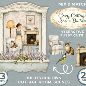 May include: A Cozy Cottage Scene Builder kit featuring 93 pieces and 26 pages of interactive fussy cuts. The set includes illustrations of a fireplace, a striped armchair, a cat, a bird, and a person, all designed to create custom room scenes.