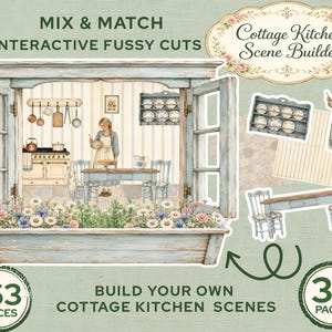 Op de afbeelding: Een knutselset getiteld Mix & Match Interactive Fussy Cuts Cottage Kitchen Scene Builder. Het bevat 163 onderdelen verdeeld over 37 pagina's voor het maken van keukenscènes, inclusief een raamkozijn, een persoon, meubels en keukengerei.
