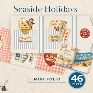 Junk Journal Mini Folio, Printable Seaside Holiday Kit, Vintage Coastal Ephemera, Retro Beach Fussy Cuts, Digital Download JJ127
