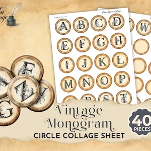 Puede incluir: Hojas de collage de círculo de monograma vintage con letras A-Z. Las letras tienen un estilo vintage con un borde decorativo. La imagen también muestra círculos individuales con letras y el texto "Vintage Monogram Circle Collage Sheet" y "40 Pieces".