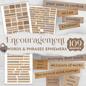 Junk Journal Printable Encouraging, Junk Journal Words, Printable Words, Vintage Ephemera, Typewriter Fussy Cuts, Positive Word Strips