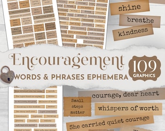Junk Journal Printable Encouraging, Junk Journal Words, Printable Words, Vintage Ephemera, Typewriter Fussy Cuts, Positive Word Strips