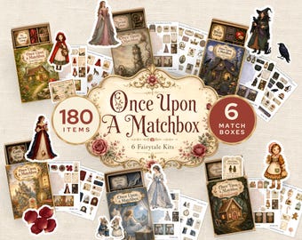 Mini cuadernos digitales de recortes en forma de caja de cerillas, 6 kits de cuentos de hadas imprimibles, paquete de 181 piezas de recortes de efímeros, mini tarjetas JJ147
