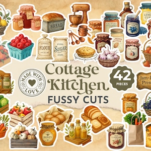May include: A collection of 42 cottage kitchen fussy cuts, featuring illustrations of fruits, vegetables, baked goods, jams, honey, and kitchen tools. The image includes text that reads "Cottage Kitchen" and "Fussy Cuts".