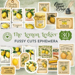 May include: A collection of 30 lemon-themed fussy cut ephemera pieces. The designs include vintage-style labels, tags, and illustrations of lemons, lemon curd, and pie. The text includes "Freshly Picked Lemons" and "Lemon Grove Entry Pass".
