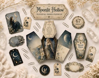 Kits de proyectos de clips ocultos (descargas digitales), kit digital imprimible de diario de Halloween con forma de ataúd, efímeros de hadas de Moonlit Hollow