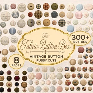 May include: A collection of over 300 vintage fabric buttons in various sizes and patterns, including floral, striped, and solid designs. The buttons are arranged on a beige background, with text that reads "The Fabric Button Box."