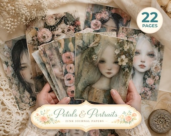 Páginas de diario creativo con motivos florales, retratos de niñas caprichosas para imprimir, collage de acuarela vintage con técnica mixta, papeles de efímeros coloridos JJ159