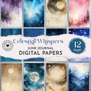 Sternenhimmel Digitales Papier, Junk Journal Seiten, Nachthimmel Printable Kit, Galaxie Mond Ephemera, Scrapbook Hintergründe JJ034