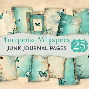 Türkis und Schmetterlinge Papier, Junk Journal Seiten, Blaugrüner Hintergrund, Vintage Schmetterling Papiere, Collage Kit, JJ030