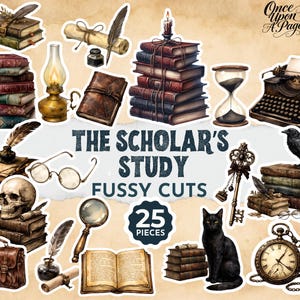 May include: A set of 25 die-cut stickers featuring a scholar's study theme. The stickers include books, a typewriter, hourglass, magnifying glass, skull, key, black cat, and other vintage items. Text reads "The Scholar's Study Fussy Cuts."