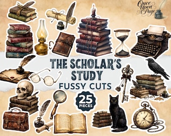 Dark Academia Scholar’s Study Junk Journal Digital Fussy Cuts, Moody Library Desk Ephemera, Vintage Books & Objects