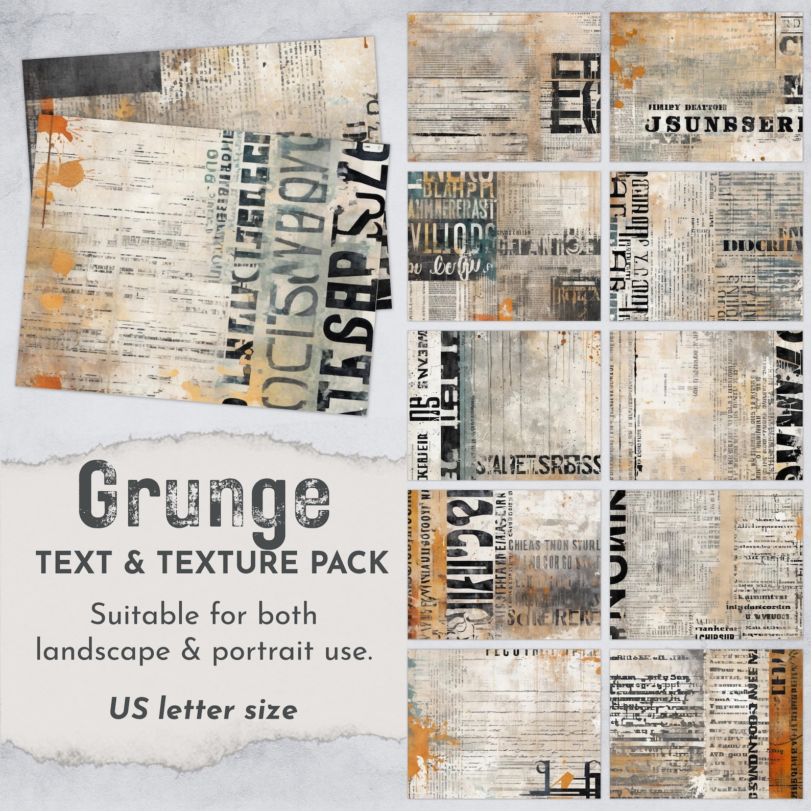 Grunge Junk Journal Papers, Text and Texture Digital Paper Pack, Grungy ...