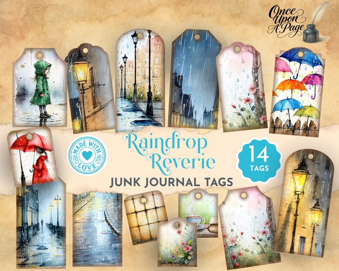 Rainy Day Junk Journal Tags, Printable Vintage Ephemera, Scrapbook ...