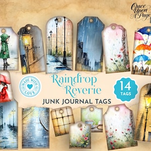 Könnte beinhalten: Eine Sammlung von 14 Junk-Journal-Tags mit Aquarellillustrationen. Die Tags zeigen Szenen von Regen, Regenschirmen und Straßenlaternen. Die Wörter "Raindrop Reverie" und "Made with Love" sind ebenfalls sichtbar.
