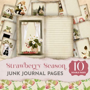 Papiers de journal indésirables aux fraises, pages de journal indésirables aux fraises, kit numérique Cottagecore, pages vintage avec lignes, ensemble de journaux de ferme JJ032