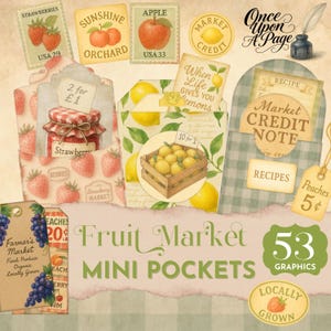 Mini pochettes Marché aux fruits, kit d'éphémères pour journal indésirable, étiquettes et pochettes imprimables sur le thème des fruits, fournitures pour journaux d'été, paquet de recettes en papier JJ002