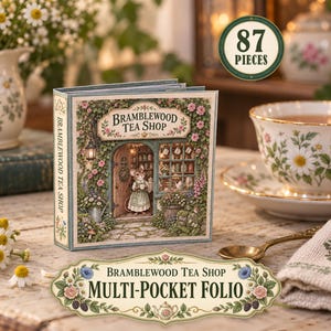 May include: A square Bramblewood Tea Shop multi-pocket folio featuring an illustration of a mouse in a shop doorway. The cover displays the text Bramblewood Tea Shop. A circular badge in the corner indicates 87 pieces. The folio has a light blue spine.