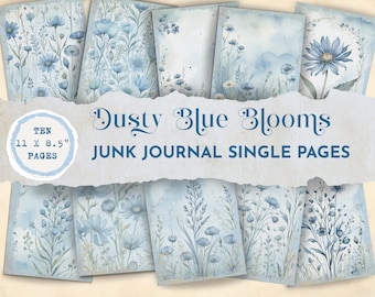Dusty blue wildflowers Junk Journal Pages, Blue Floral Digital papers Collage Sheets, Watercolor Botanical Printable scrapbooking JJ019