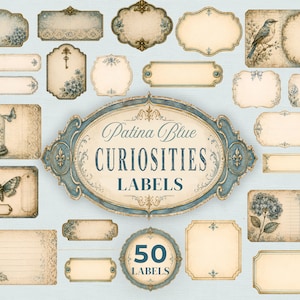 Può includere: Una collezione di cinquanta etichette decorative in carta di varie forme e dimensioni, con illustrazioni in stile vintage di uccelli, farfalle, fiori e chiavi in tonalità blu e crema, con il testo Patina Blue CURIOSITIES LABELS.