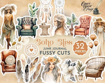 Boho Junk Journal Ephemera, Boho Bliss Fussy Cuts, Vintage Boho Clipart, Junk Journal Supplies, Bohemian Scrapbook Embellishments