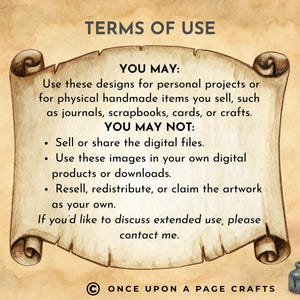 May include: A parchment-style document with the text "TERMS OF USE" at the top. The text details permitted and prohibited uses of the designs, including personal projects and handmade items. A quill and inkwell are in the lower right corner.