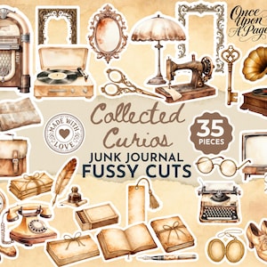 Könnte beinhalten: Eine Sammlung von 35 Vintage-Fussy-Cut-Bildern, darunter ein Grammophon, eine Schreibmaschine und Bücher. Die Bilder sind in Braun- und Beigetönen gehalten, mit dem Text "Collected Curios" und "Junk Journal Fussy Cuts".