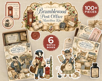 Kit imprimible para diario creativo con diseño de caja de cerillas, efímeros de la oficina de correos de Bramblewood, recortes de animales del bosque para cuentos, minitarjetas JJ141