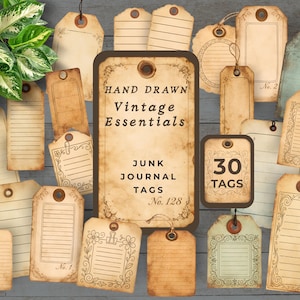 Lined Junk Journal Tags, Hand Drawn Vintage Notes, Printable Stationery Ephemera, Printable Neutral Writing Tags with journalling space