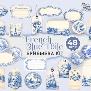 May include: A set of 48 French Blue Toile ephemera pieces, featuring tags, labels, and decorative elements. The designs showcase blue and white illustrations of landscapes, cherubs, and architectural scenes. The text "French Blue Toile Ephemera Kit" is visible.