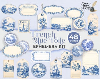 Kit digital de efímeros de toile azul francés, etiquetas imprimibles para diario creativo, círculos, piezas de collage de toile azul vintage, 48 piezas.