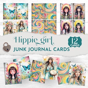 Cartes de journal pour fille hippie, éphémères imprimables bohèmes, motifs psychédéliques inspirés des années 70, kit de collage groovy d'étiquettes rétro Peace & Love JJ006