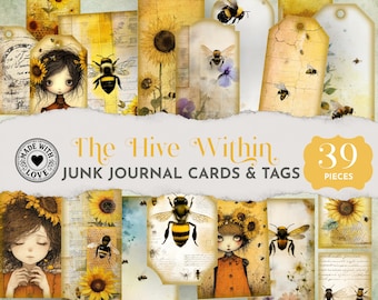 Bee Junk Journal Printables, Honeybee Tags and Cards, Sunflower Ephemera, Vintage Bee Junk Journal Kit, Printable Nature Tags JJ064