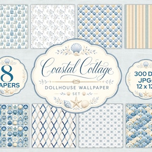 May include: A set of 8 digital papers for dollhouse wallpaper featuring coastal patterns including sailboats, seashells, stripes, and nautical ropes in blue, white, and beige. The text reads Coastal Cottage Dollhouse Wallpaper Set 8 Papers 300 DPI JPGs 12 x 12 inches.