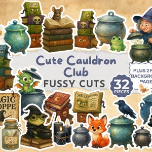 Peut inclure: Ensemble d'autocollants illustrés sur le thème de la magie, avec une sorcière, des chaudrons, des livres de sorts et des créatures mignonnes. Le texte indique "Cute Cauldron Club" et "Fussy Cuts". Contient 32 pièces et 2 pages de fond.